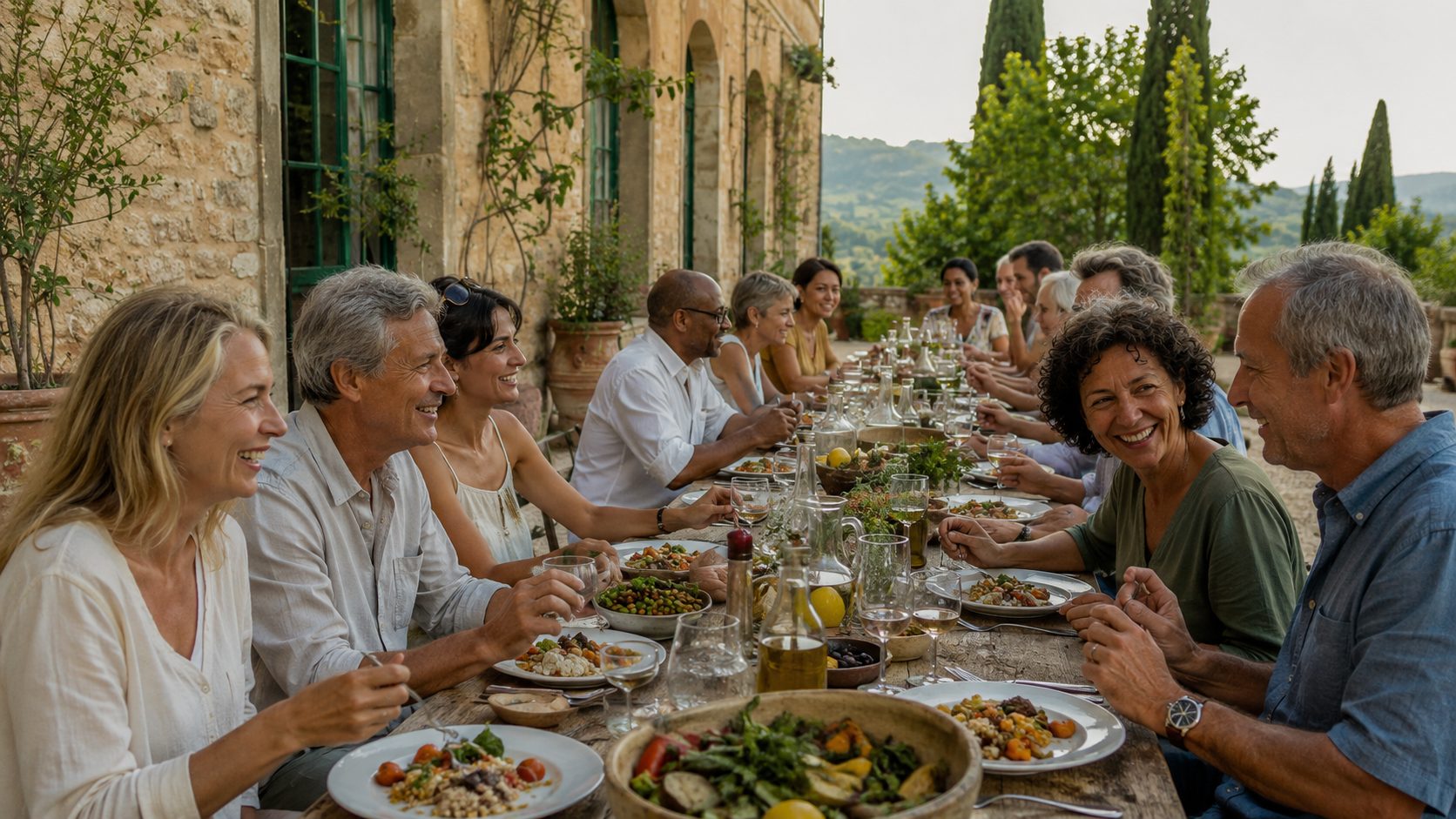 Una tavolata all'aperto: persone condividono un pasto in una terrazza di pietra tra cipressi e colline