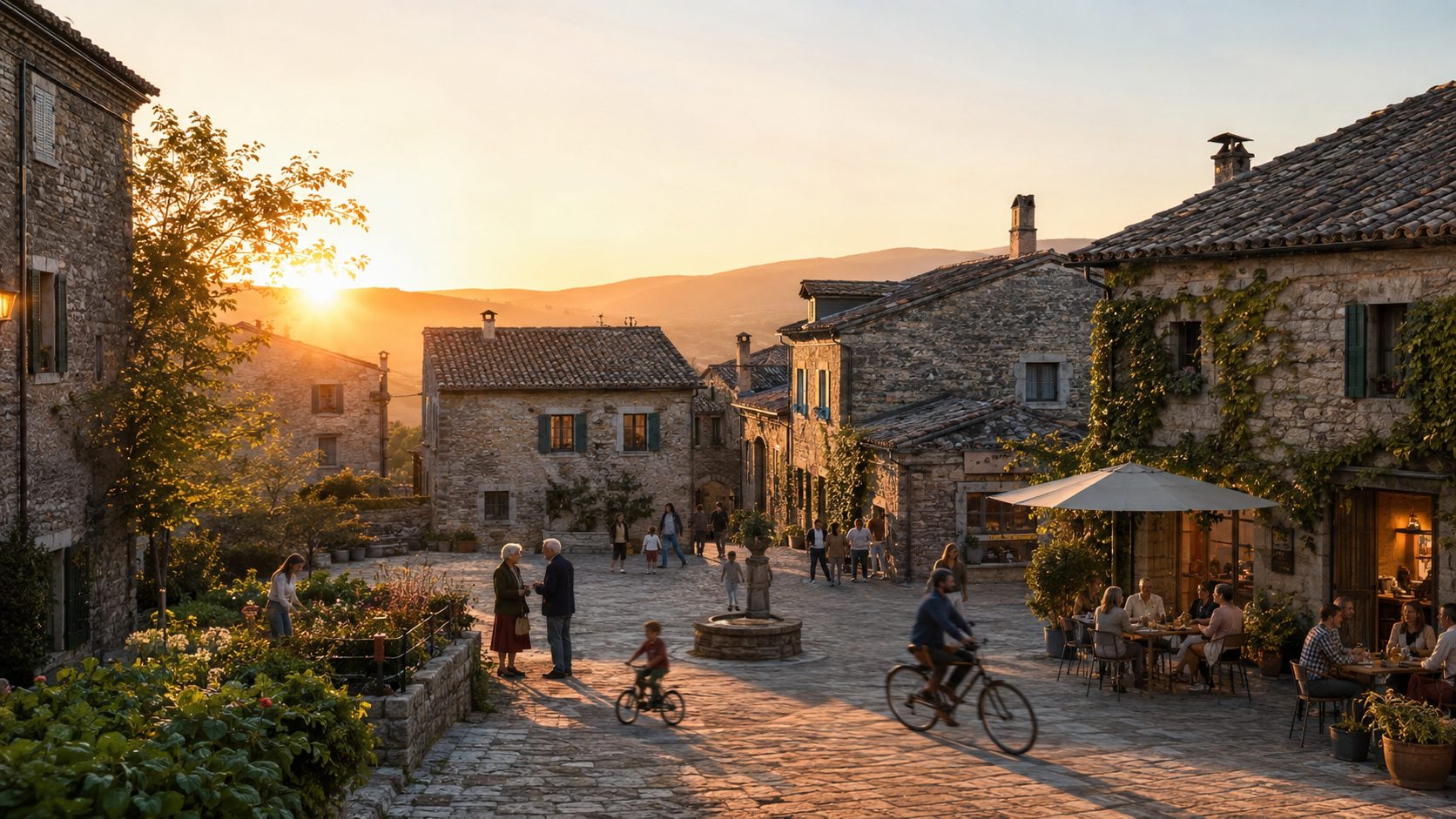 La piazza di un borgo di pietra al tramonto: persone passeggiano, chiacchierano in gruppi, siedono ai tavoli all'aperto