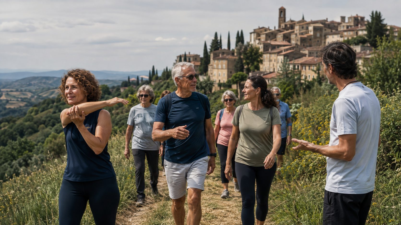 Un gruppo fa stretching e cammina su un sentiero erboso con un borgo antico sullo sfondo