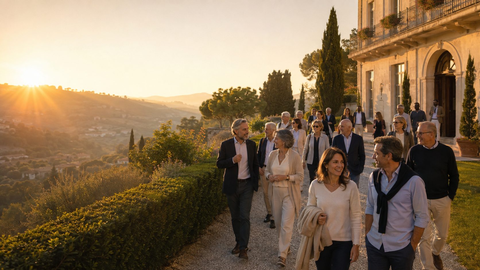 Un gruppo di persone cammina insieme al tramonto lungo il viale di una villa tra cipressi e giardini